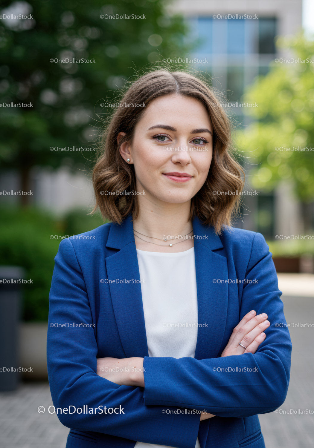 Pewna siebie bizneswoman w niebieskiej marynarce stojąca na zewnątrz
