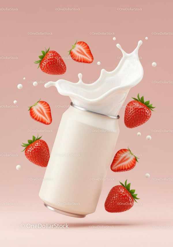 Creamy milk splash with fresh ripe strawberries JPG Mockup Image