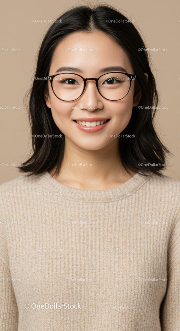 Young Woman with Glasses Smiling Portrait in Studio