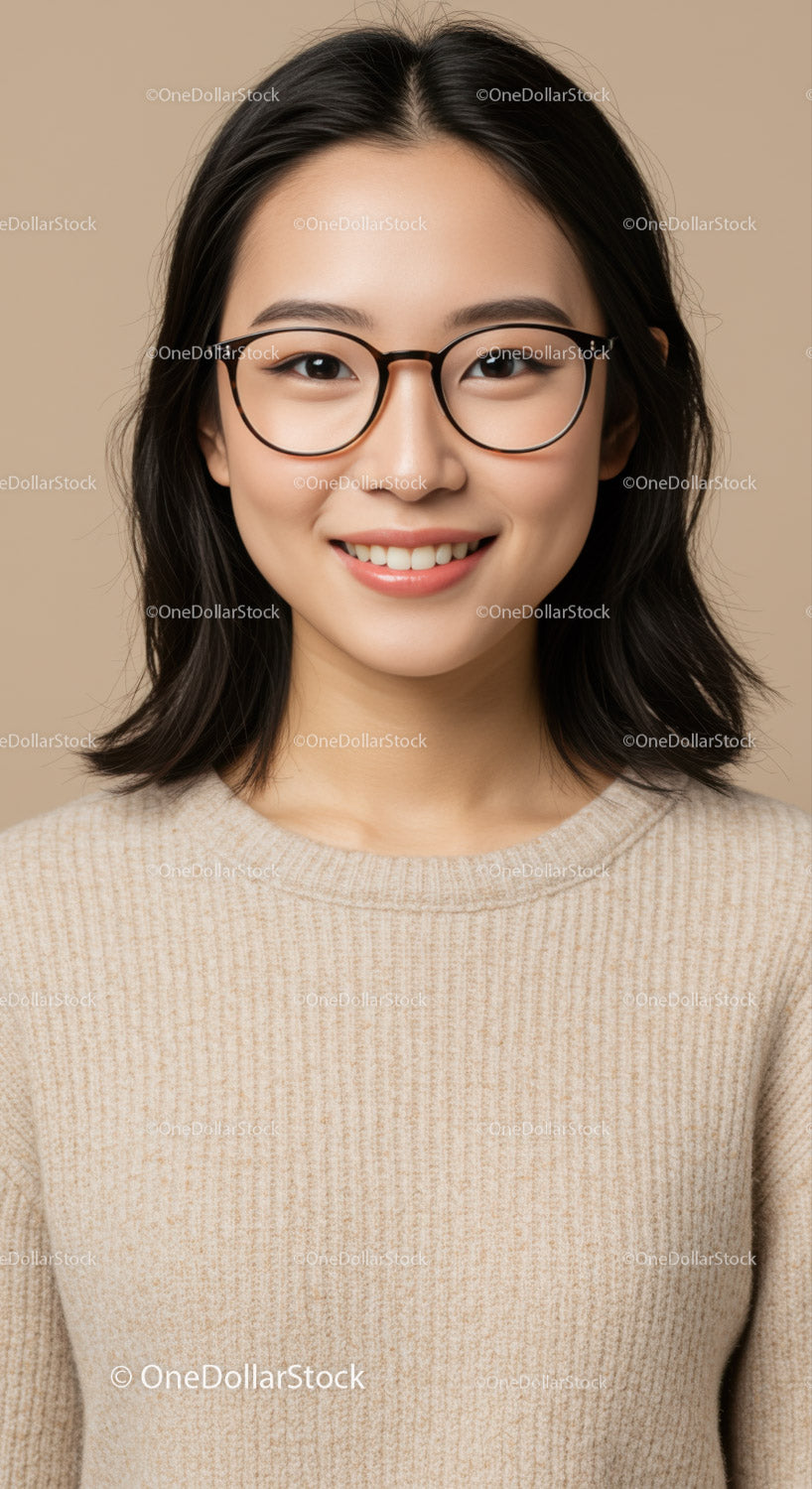 Młoda kobieta w okularach, uśmiechnięty portret w studiu
