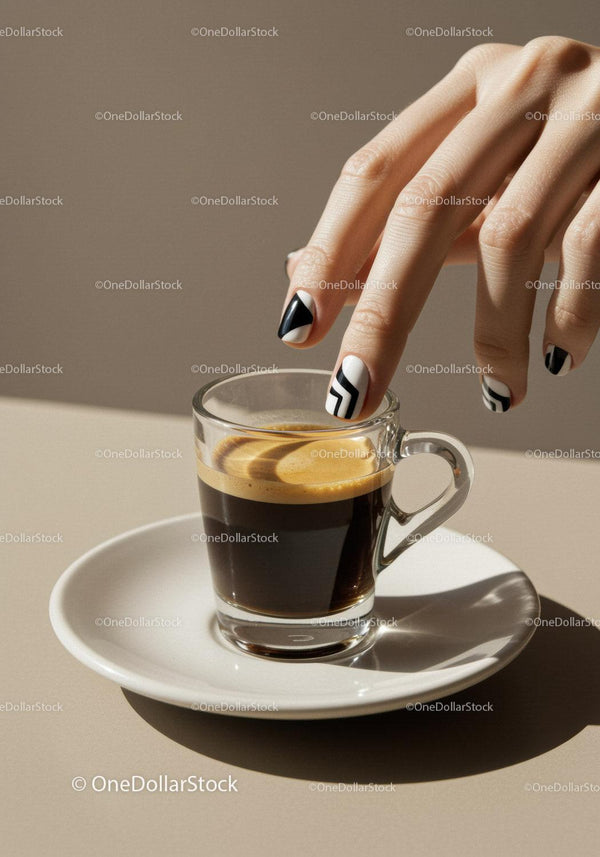 Dłoń z geometrycznym zdobieniem paznokci sięgająca po filiżankę espresso