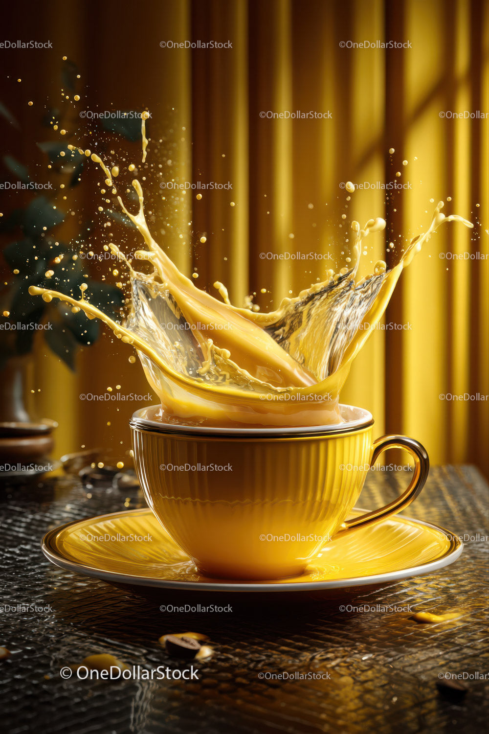 Yellow Tea Cup Splash with Dynamic Motion and Warm Atmosphere