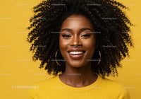 Vibrant Portrait of a Smiling Woman with Curly Hair in Yellow
