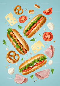 Assorted hot dogs with fresh toppings and pretzels on blue
