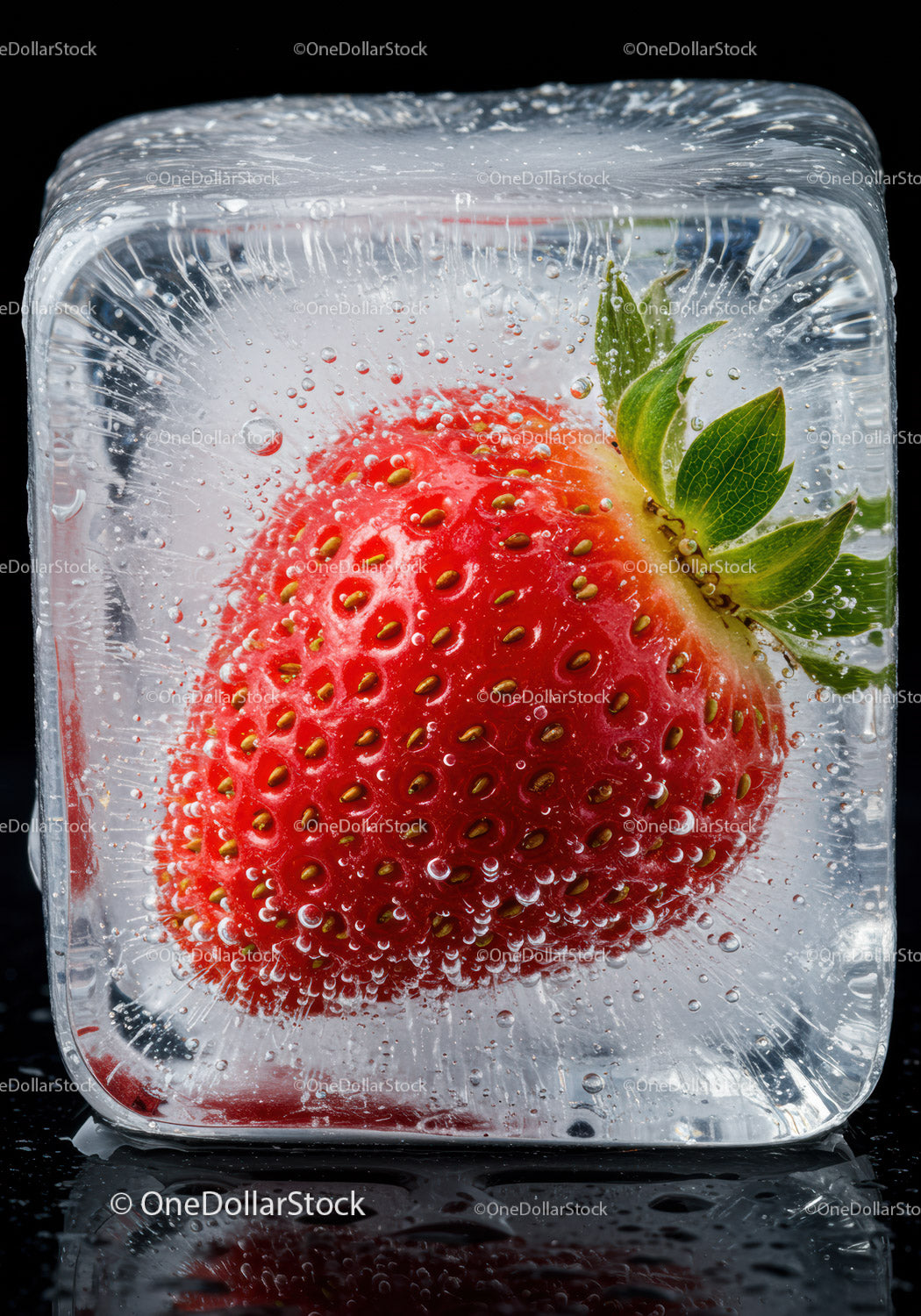 Fresh Strawberry Frozen Inside Clear Ice Cube