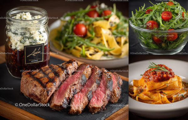 Gourmet stek z makaronem i świeżą sałatką w eleganckim wnętrzu