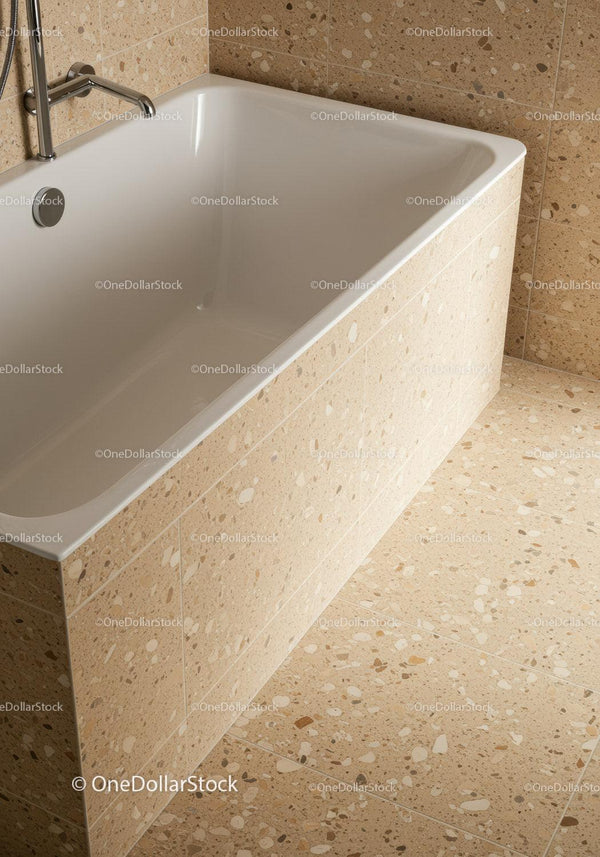 Nowoczesna Beżowa Łazienka z Terrazzo z Białą Wanną i Stylowymi Armaturami