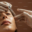 Close-up of a facial treatment with a serum dropper and skin care vial