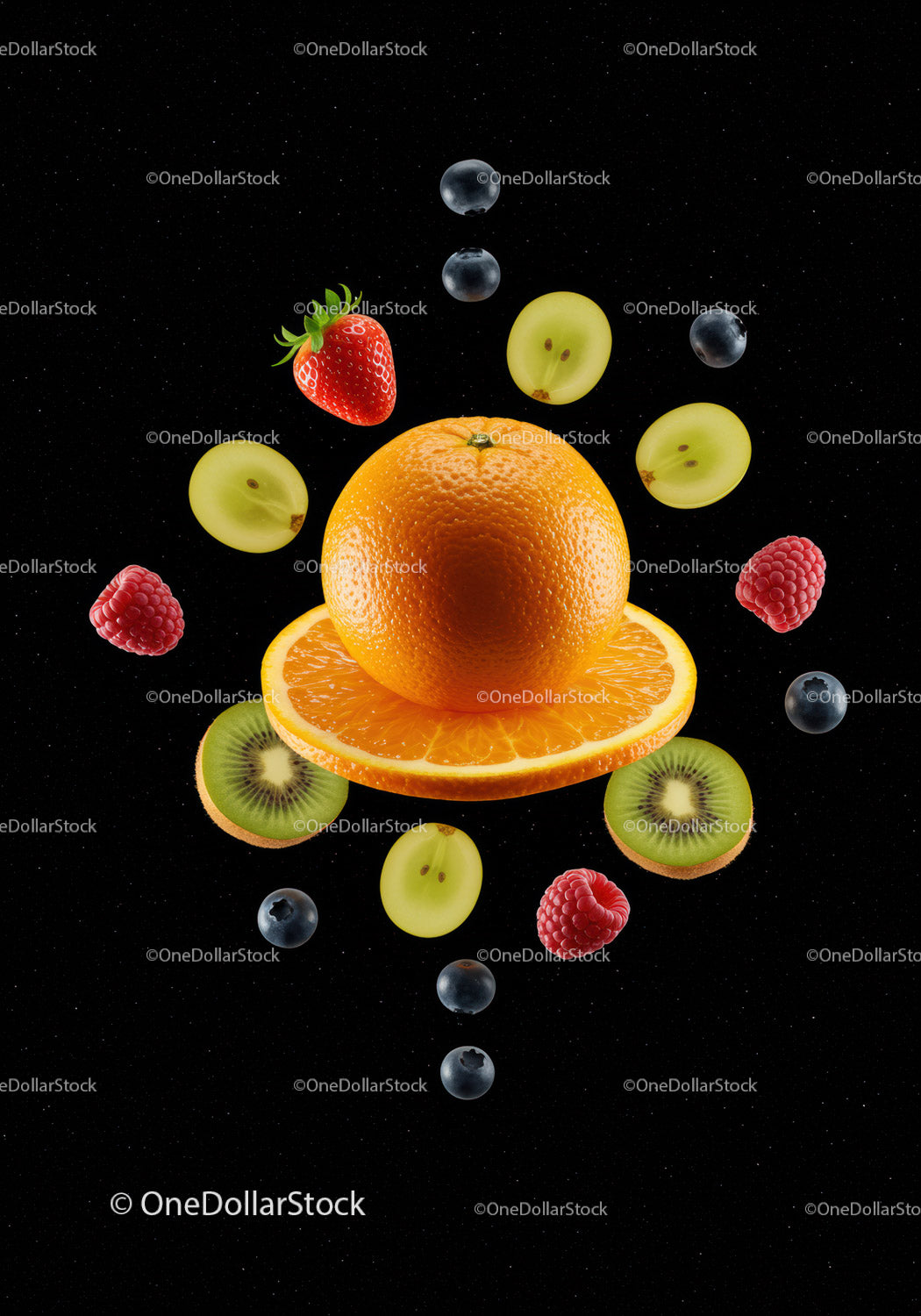 Fresh mixed fruits levitating on black background