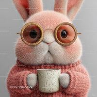 Cute Bunny Wearing Sunglasses and Cozy Pink Sweater Holding Coffee Mug
