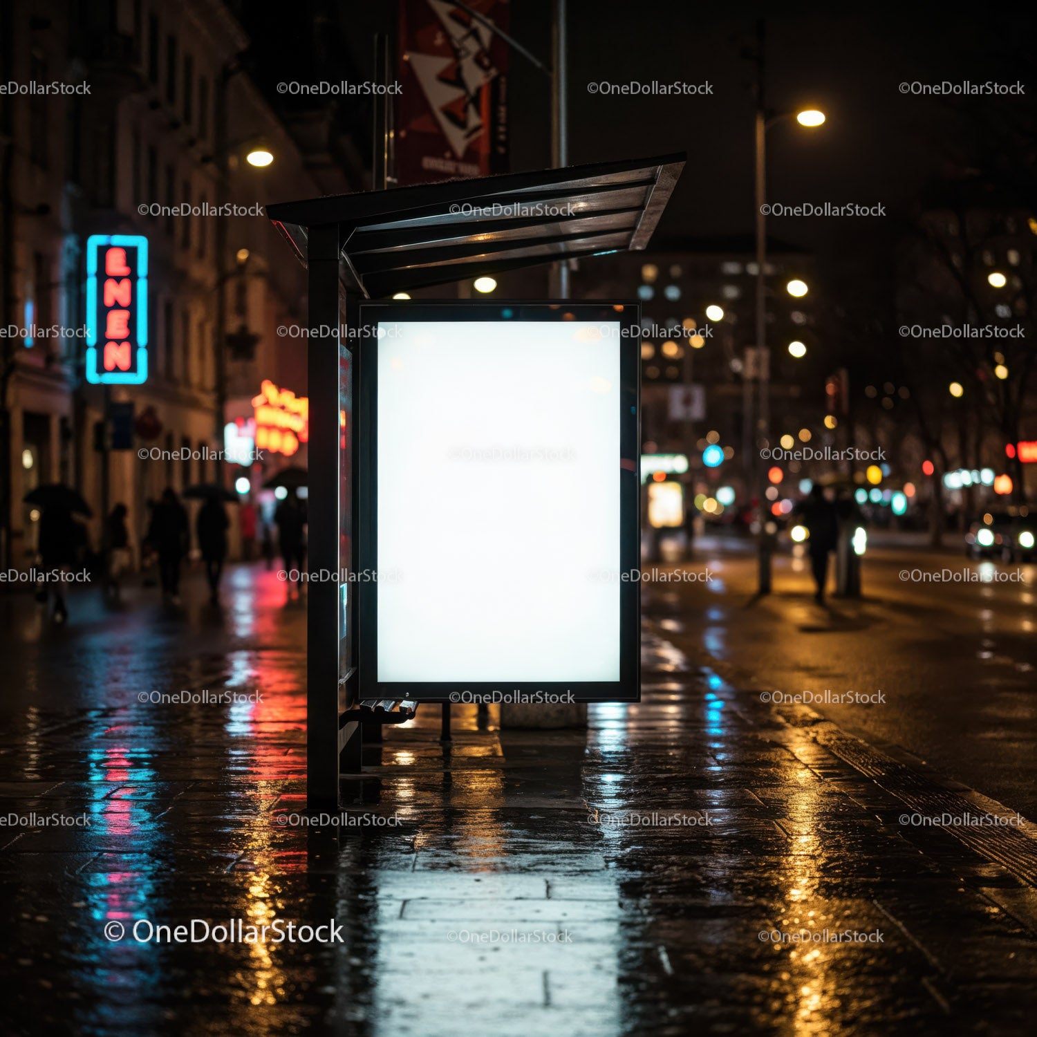 Nighttime City Scene with Bus Stop and Rain Reflections