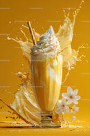 Vanilla Ice Cream Float Splash in Glass with Straw and Flowers
