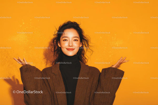 Fashionable Woman Smiling with Confetti on Yellow Background