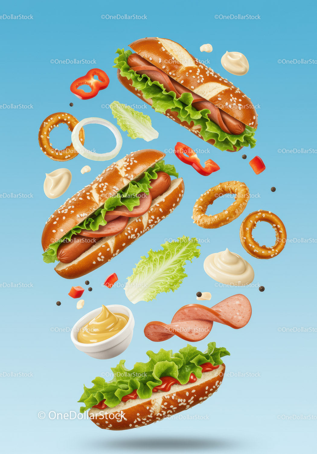 Pływające składniki hot dogów na tle żywego, błękitnego nieba