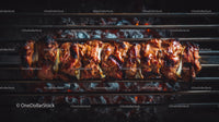 Colorful Grilled Meat and Vegetable Skewers on Barbecue Grill