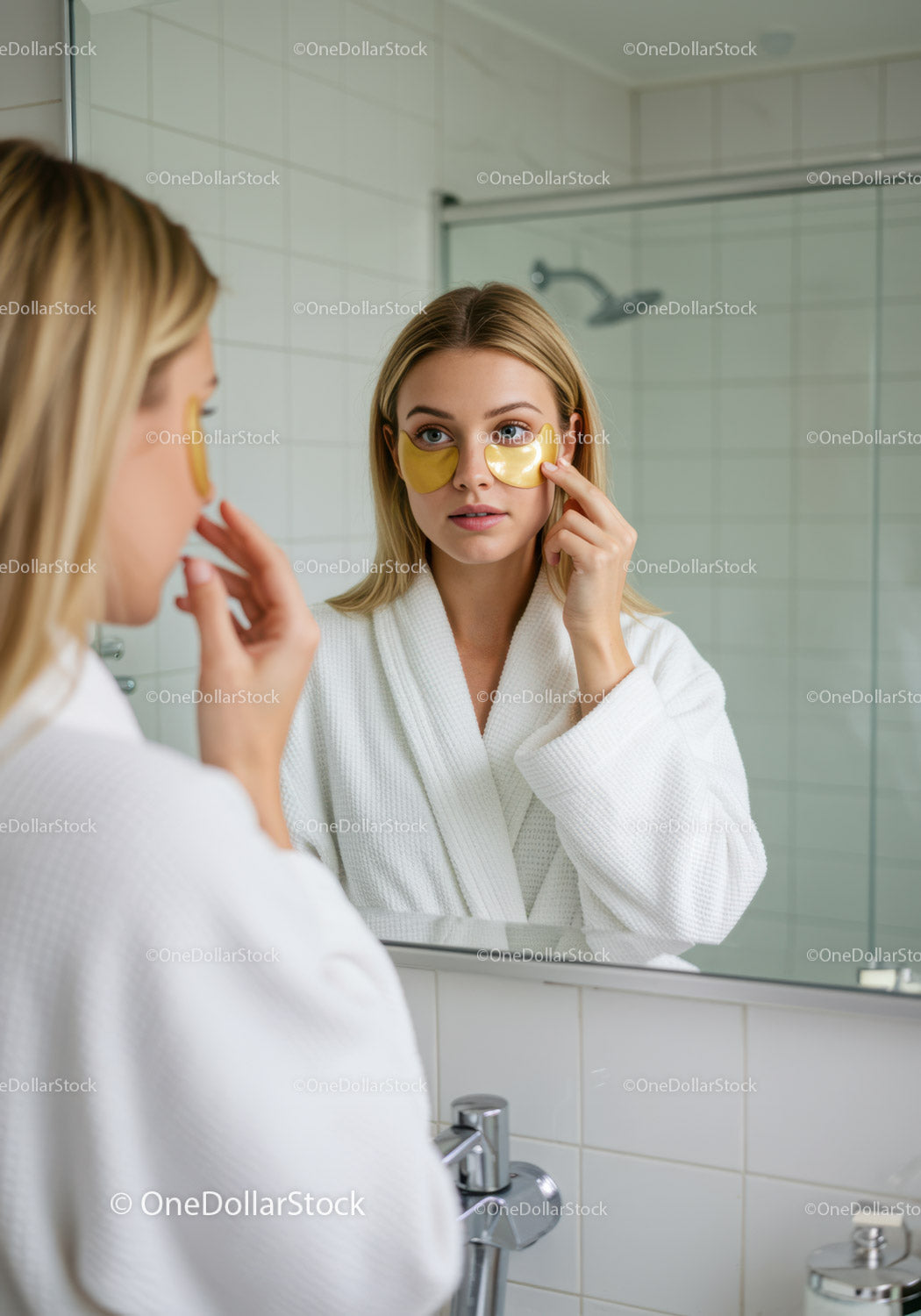 Young Woman Applying Eye Patches in Bathroom Mirror
