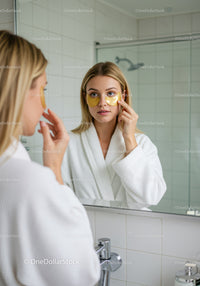 Young Woman Applying Eye Patches in Bathroom Mirror