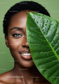 Bright Beautiful Woman with Green Leaf and Water Droplets