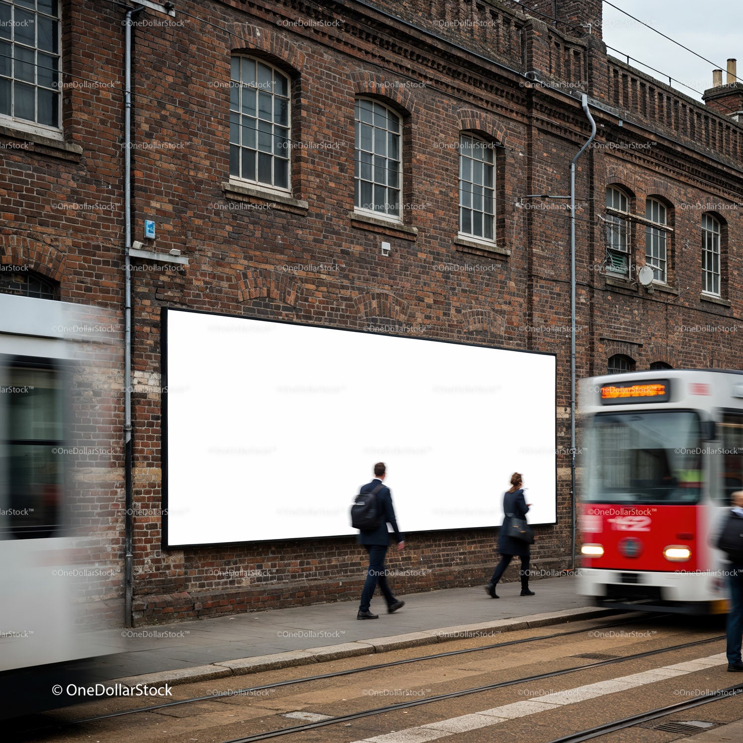 Urban street scene with empty billboard on brick wall