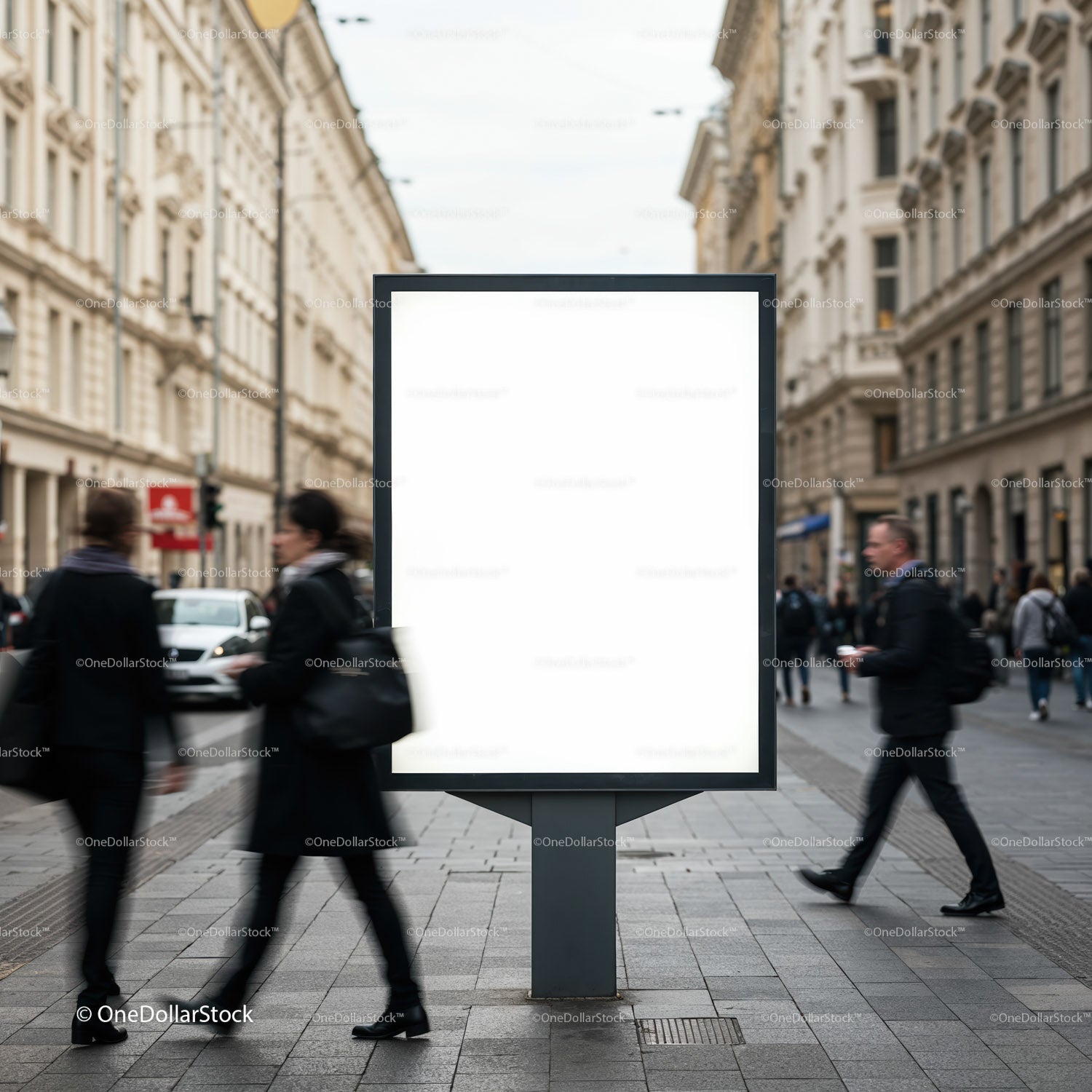 Busy urban street with blank advertising billboard