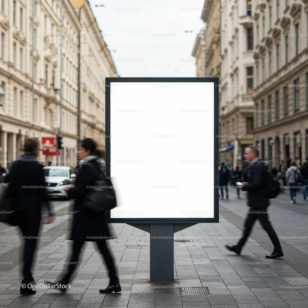 Busy urban street with blank advertising billboard JPG Mockup Image