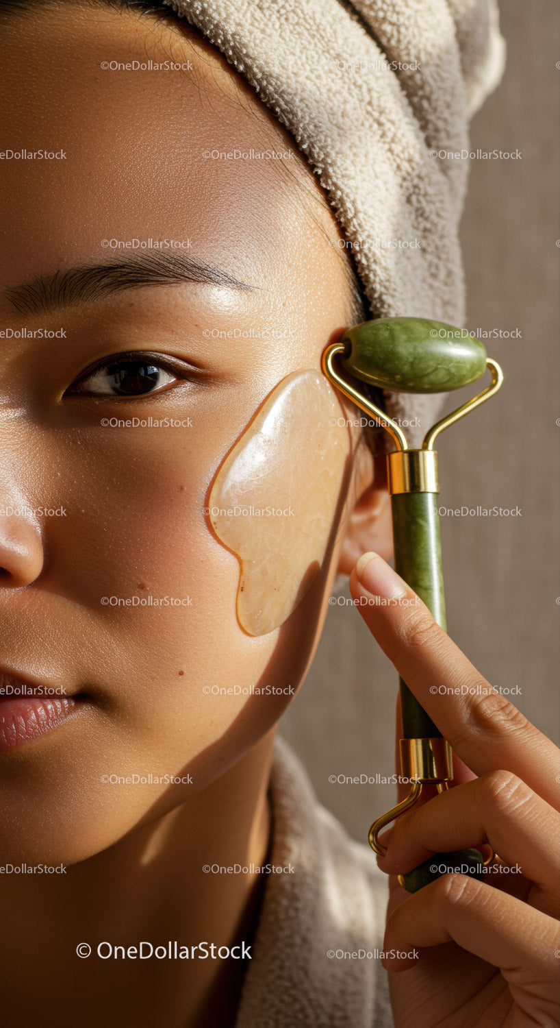 Close-Up of Woman Using Jade Roller for Facial Massage and Skin Rejuvenation