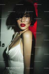 Elegant Woman with Red Lips in Stylish Evening Dress