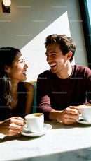 Couple Sharing Laughter Over Coffee on Valentine's Day