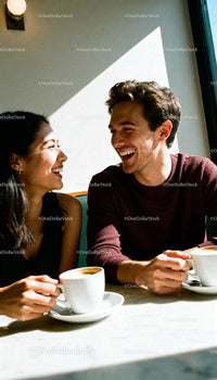 Couple Sharing Laughter Over Coffee on Valentine's Day