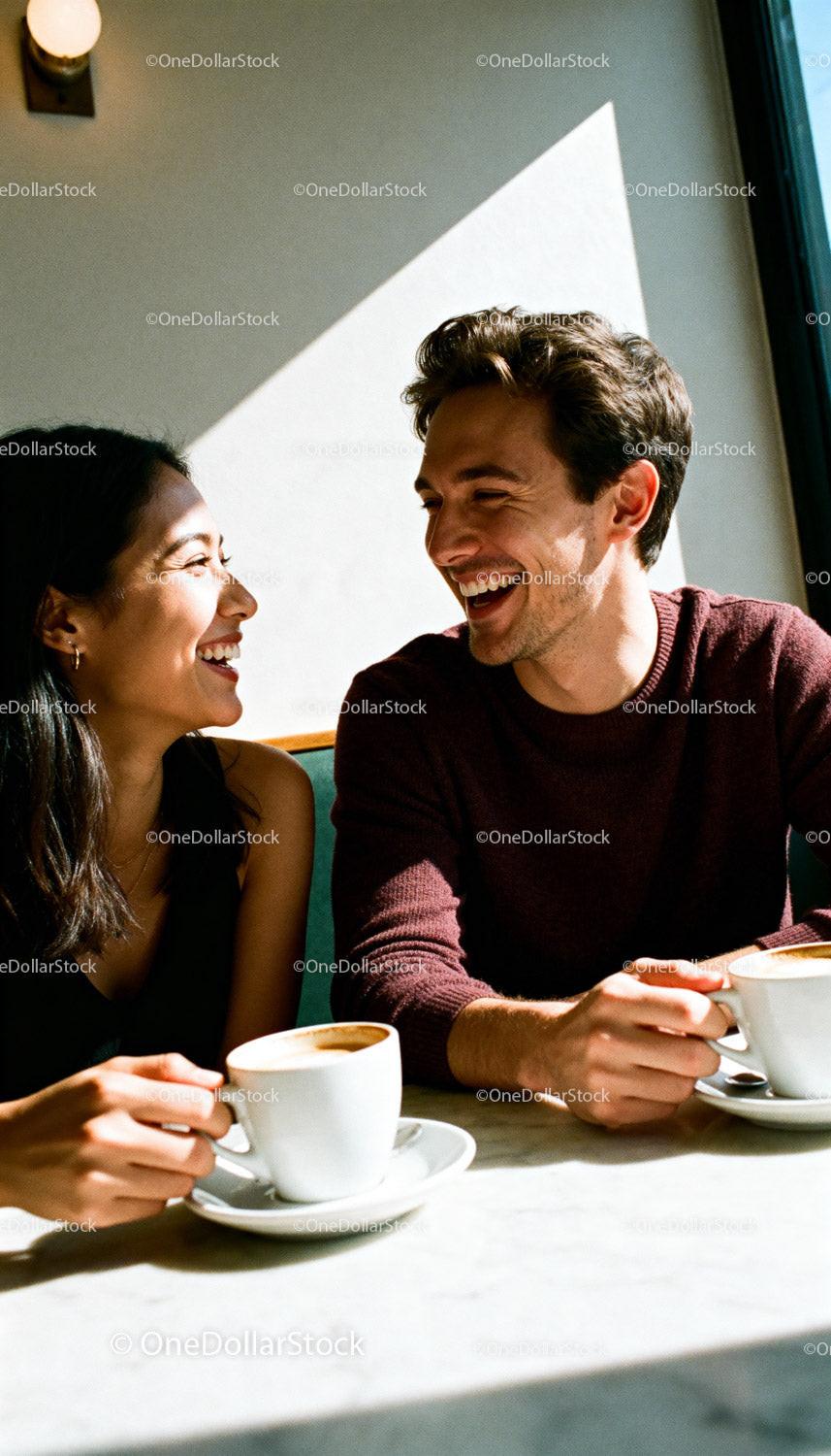 Couple Sharing Laughter Over Coffee on Valentine's Day