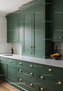 Modern Green Kitchen Cabinets with Gold Handles and White Marble Countertop