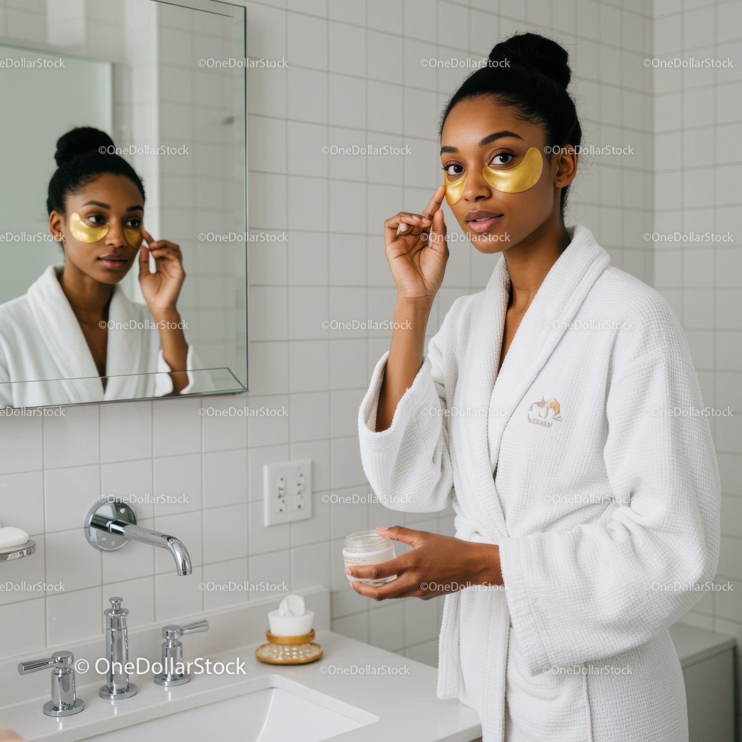 Woman Applying Gold Eye Patches in Bathroom Mirror for Skincare Routine