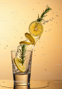 Fresh lemon and rosemary splash in clear glass