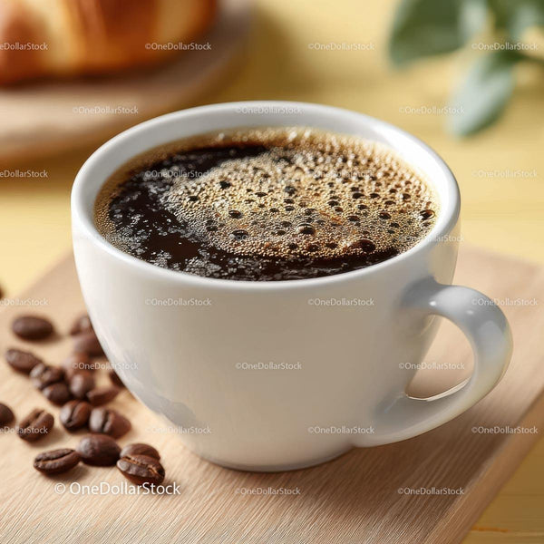 Aromatic Fresh Brewed Coffee in a White Cup on a Wooden Table