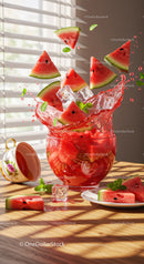 Fresh watermelon slices splashing in glass bowl with ice