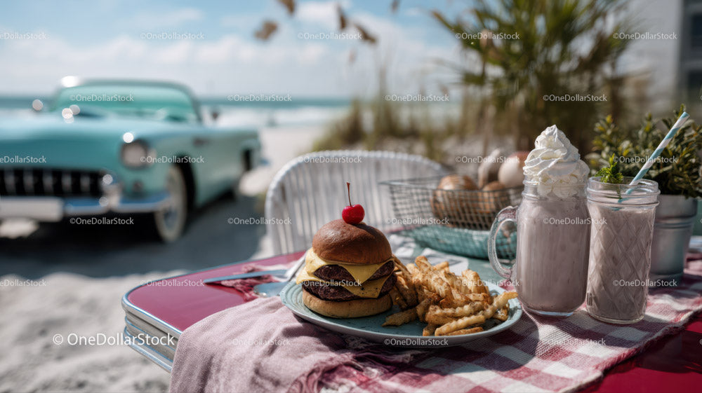 Tasty Cheeseburger with Fries and Milkshake on Beachside Picnic Table