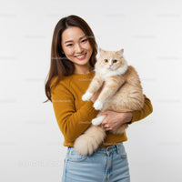 Young woman joyfully holding fluffy cream cat