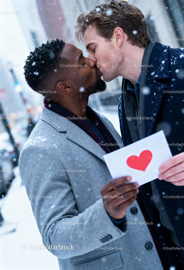 Couple Sharing a Tender Kiss in Snow Holding Heart Card