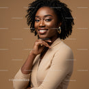Elegant African American Woman with Curly Hair in Stylish Beige Outfit