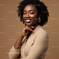 Elegant African American Woman with Curly Hair in Stylish Beige Outfit