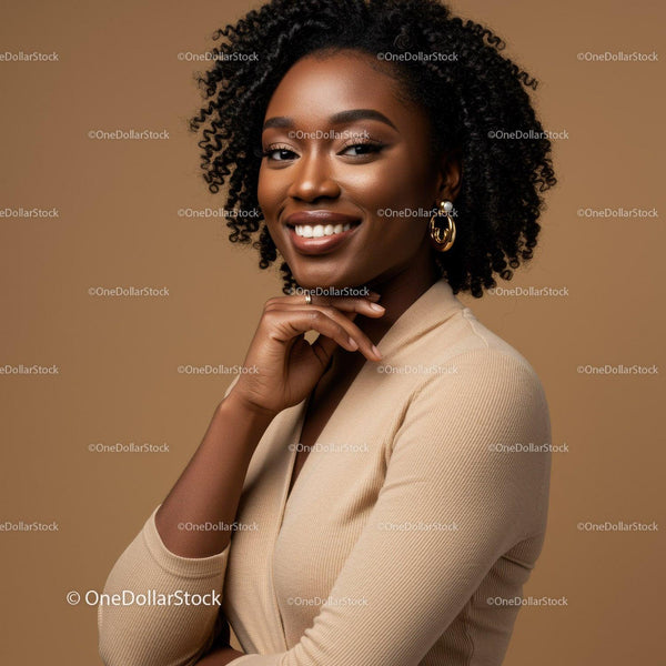 Elegant African American Woman with Curly Hair in Stylish Beige Outfit