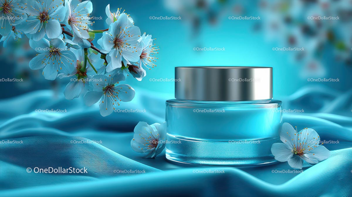 Refreshing Cosmetic Jar with Cherry Blossoms on Blue Silk