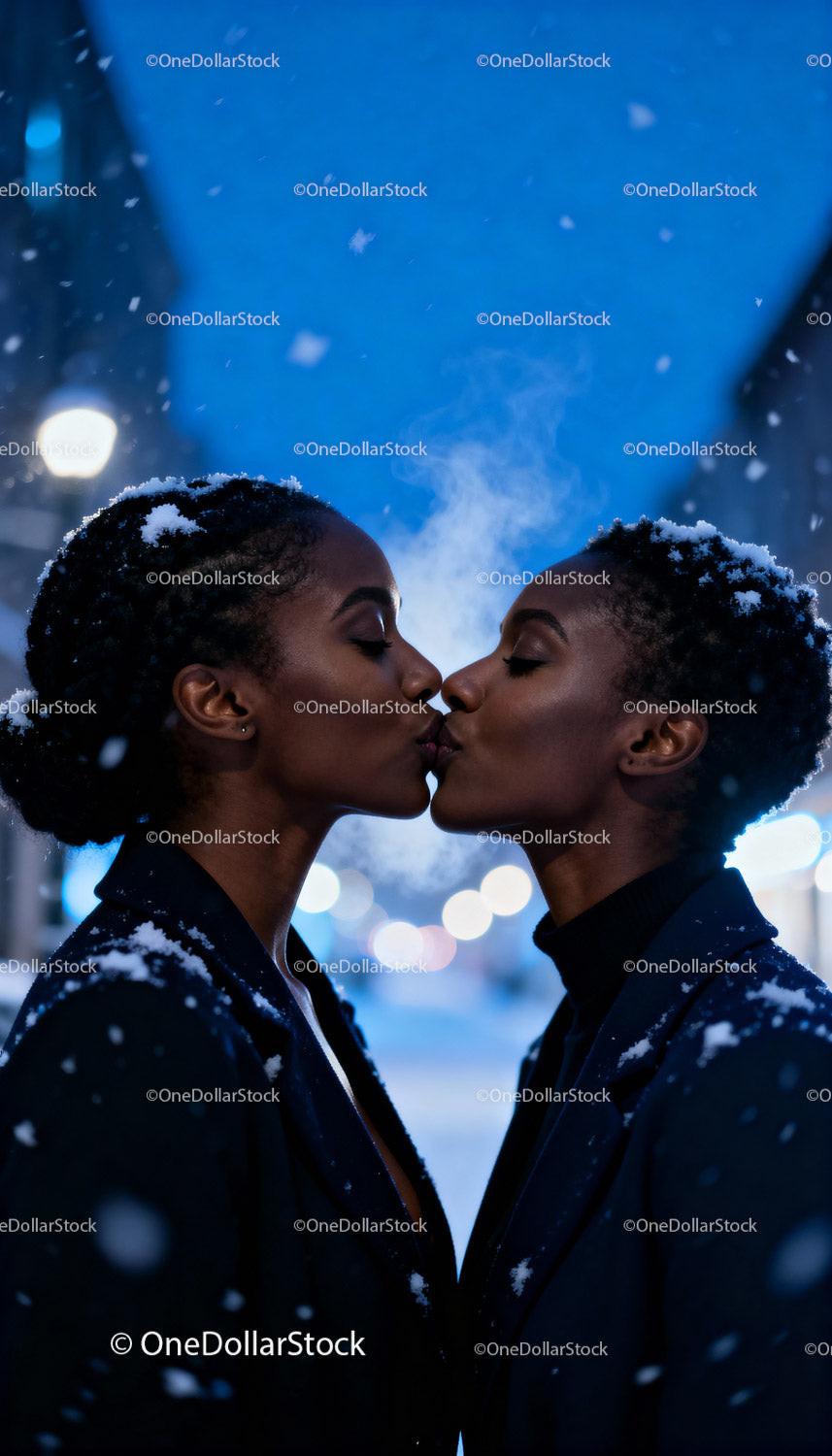 Tender Winter Kiss Between Two Women on Snowy Evening