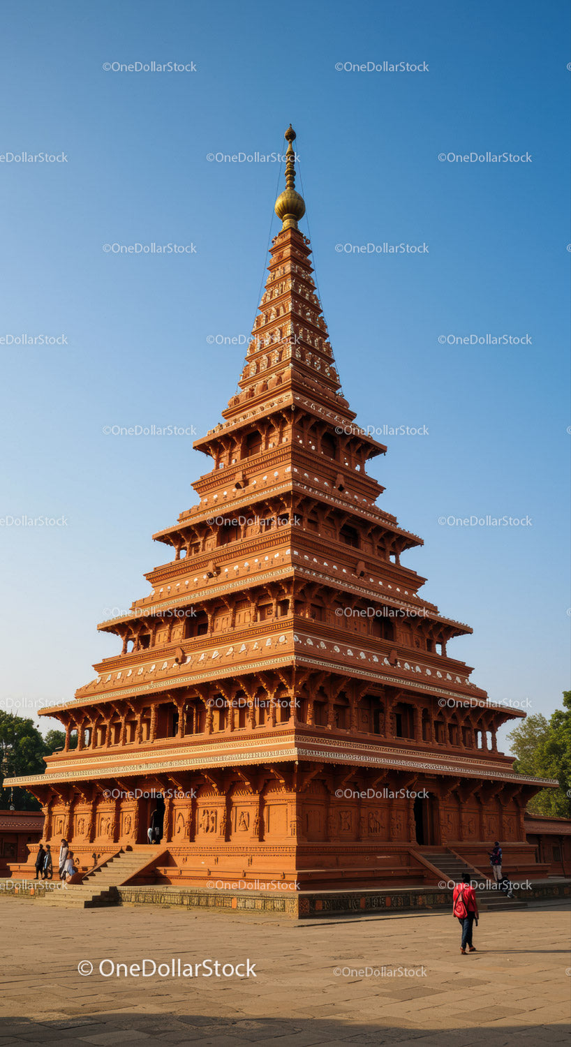 Ancient Red Brick Pagoda with Traditional Architecture in Clear Sky