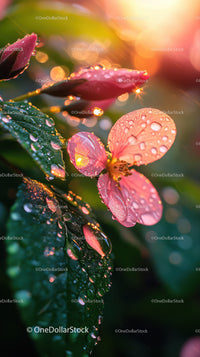 Close-up of Pink Cherry Blossom with Dew in Sunlight