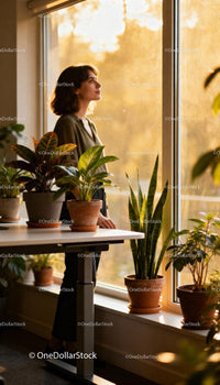 Woman Standing by Window Surrounded by Indoor Plants