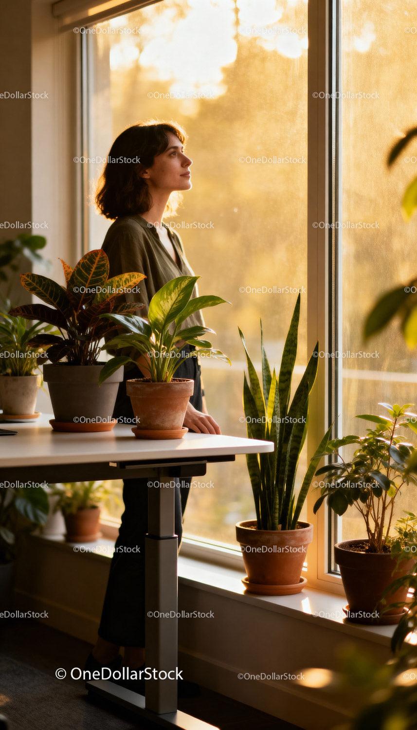 Woman Standing by Window Surrounded by Indoor Plants