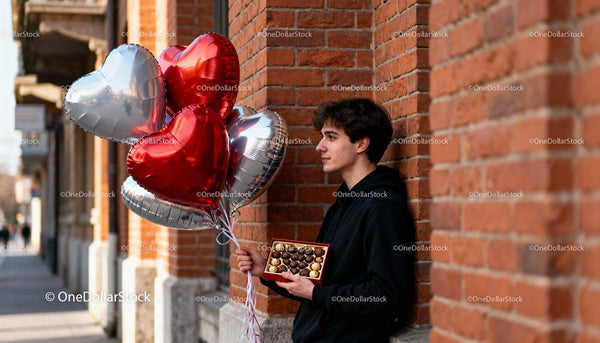 Young man holding heart balloons and chocolates outdoors