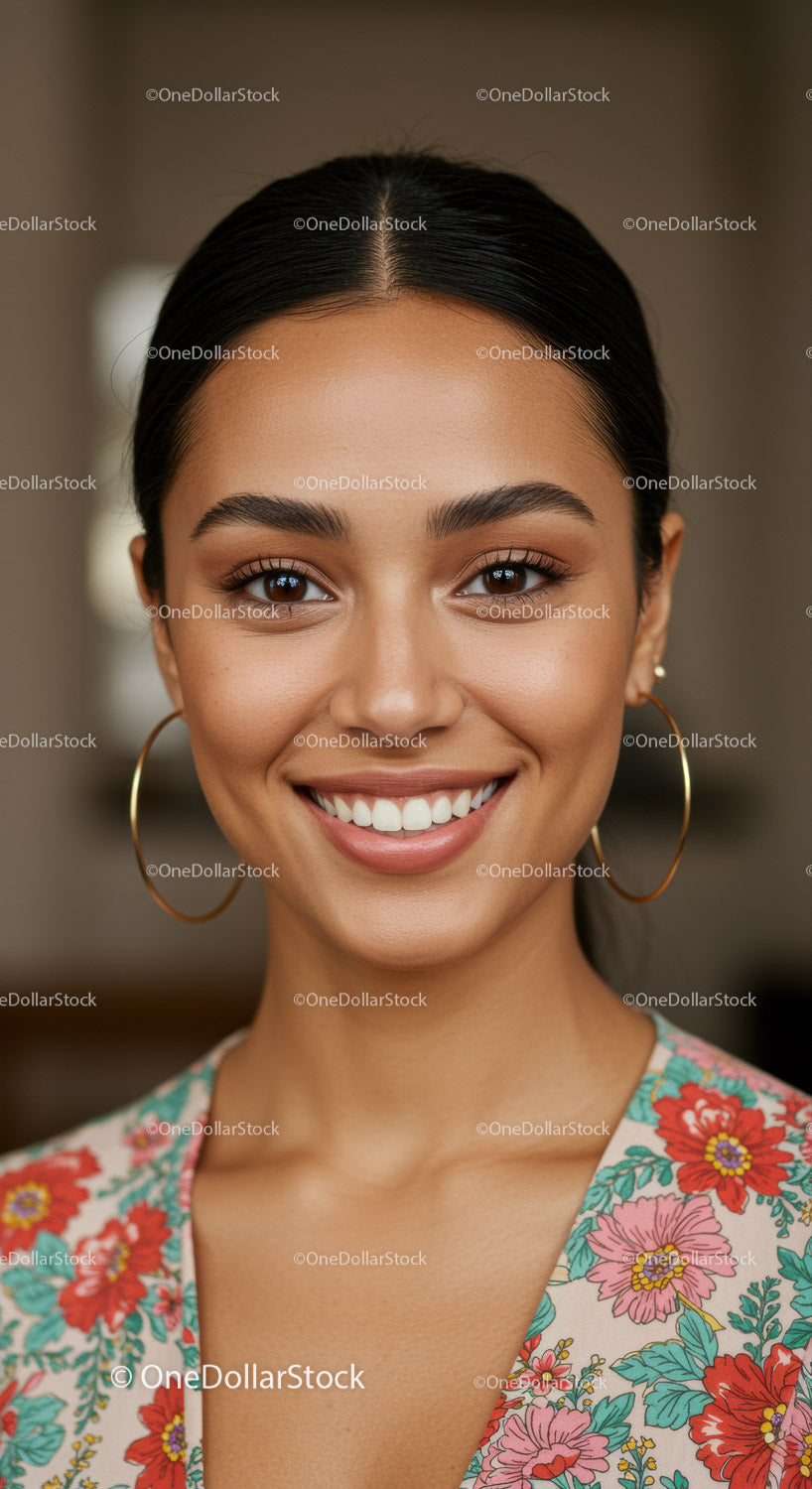 Beautiful Smiling Woman Portrait in Floral Dress for Fashion and Beauty
