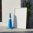 Blank White Signboard with Blue Traffic Cone Outdoors